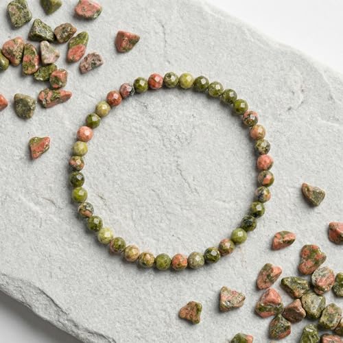Angelstones Natural Gemstone Small Beaded Stretch Bracelet, 4mm Faceted Round Beads, Crystal Healing Bracelet for Women - color: Unakite