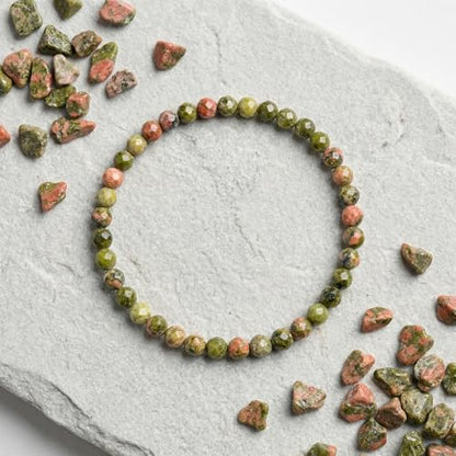 Angelstones Natural Gemstone Small Beaded Stretch Bracelet, 4mm Faceted Round Beads, Crystal Healing Bracelet for Women - color: Unakite