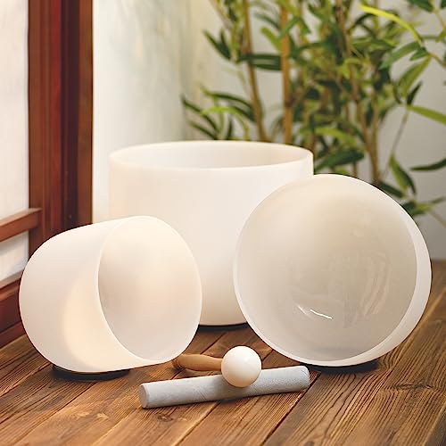 KVKA Set of 3pcs Chakra Frosted Quartz Crystal Singing Bowls Set 8-12 inch with Carrying Case - 12''C 10''F 8''B for Yoga Sound Healing
