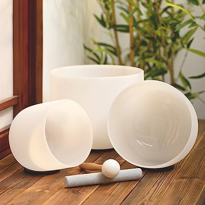 KVKA Set of 3pcs Chakra Frosted Quartz Crystal Singing Bowls Set 8-12 inch with Carrying Case - 12''C 10''F 8''B for Yoga Sound Healing