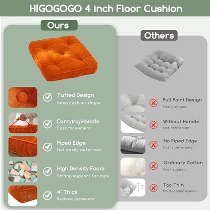 HIGOGOGO Large Floor Pillow Cushion for Adults, Meditation Cushion Pillow with Handle, Lustrous Chenille Tufted, Square Floor Sitting for Tatami Living Room or Yoga, 22x22 Inch, Orange