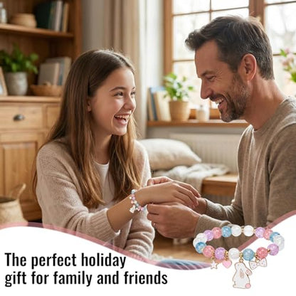 6PCS Easter Bracelets Easter Basket Stuffers Colorful Beaded Stretch Bracelet with Lucky Bunny Charm Spring Holiday Gifts for Women Party Favors Celebration Accessories
