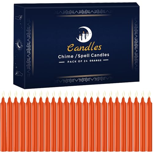 24 Pack Orange Spell Chime Candles – Premium Mini Unscented Taper Candles for Rituals, Prayer, Meditation, Altar, Spells – 4" Tall – Ideal for Witches & Spiritual Practices - color: Orange