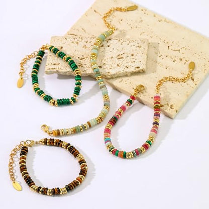 Beaded Bracelet for Women and Girl, Colorful Beach Boho Gems Bracelet 14K Gold Plated Stackable Handmade Bohemian Multicolor Natural Stone Bracelet - color: Malachite