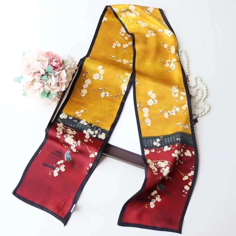 100% Silk Scarf for Women 59”*6.3” Long Shawls for Headscarf and Neck- Oblong Hair Wraps with Gift Packed - color: Yellow&red