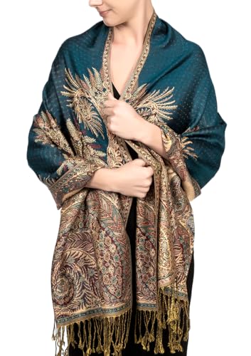 Achillea Reversible Paisley Pashmina Rave Scarf – Exotic Indian Shawls and Wraps for Evening Dresses, Festivals, All Seasons - color: Big Paisley Teal