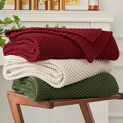 Chunky Cable Knit Throw Blanket Lightweight Wine red 100% Organic Cotton Blanket for Sofa Couch Bed Baby Nursery, Rustic Shabby Chic Modern Farmhouse, 60” x 80” Give Laundering Bag - color: Burgundy, size: 60"x80", Oversize