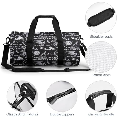 Skull Moon Sun Gothic Witch Board Seamless Black Cylindrical Portable Fitness Bag, Large Capacity Handbag - color: skull moon sun Gothic Witch Board Seamless bl