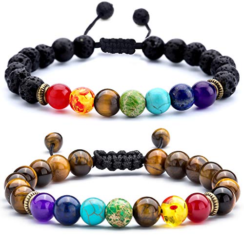 Men Women 8mm Lava Rock Beads Chakra Bracelet Braided Rope Natural Stone Yoga Bracelet Bangle - color: 2 Pcs Set3-21004