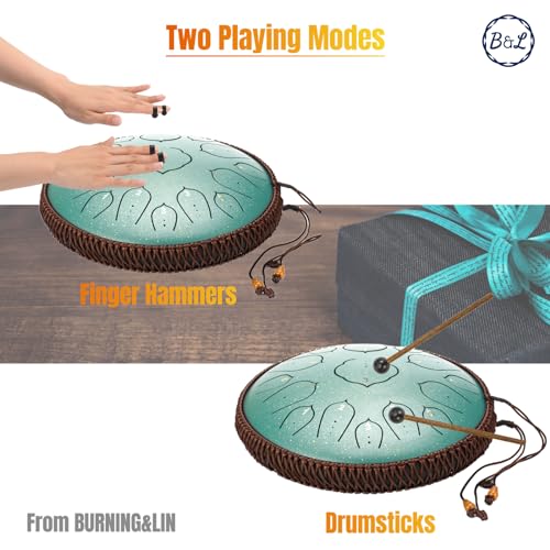 Steel Tongue Drum 14 Inches 15 Notes Hand Pan Drum Rain Drum Percussion for Meditation Yoga Musical Education (Lotus Green)