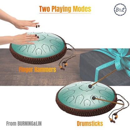 Steel Tongue Drum 14 Inches 15 Notes Hand Pan Drum Rain Drum Percussion for Meditation Yoga Musical Education (Lotus Green)
