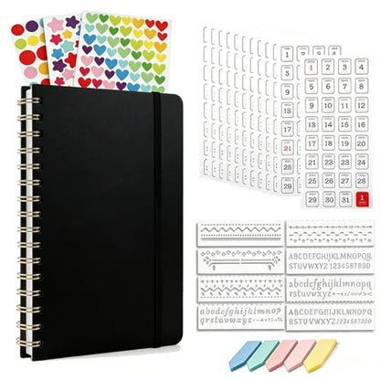 Dot Grid Journal Starter Kit, A5 Spiral Notebook with Stencil Ruler, Date & Color Stickers, Hardcover, 120gsm Thick Paper, Subtle Blue Dotted Pages for Planning, Study & Work - Black - color: Black
