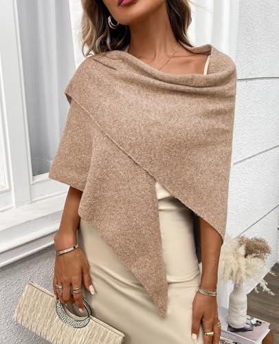 Womens Knitted Shawl Wraps Casual Solid Color Cape Scarf Comfortable Triangle Pashmina Shoulder Sweater - color: Camel