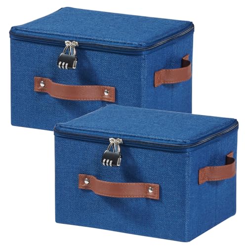 2PCS Storage Bins Box with Zipper Lid Combination Lock PU Leather Handles Cotton Linen Fabric Lidded Lockable Basket Foldable Washable Closet Shelf Organizer Container (Deep Blue, Small) - color: Deep Blue, size: Small ( Set of 2 )