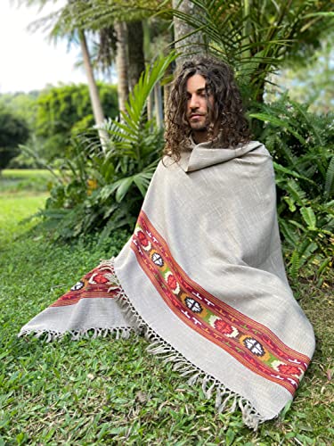 Handmade SATI Shawl Misty Grey Handwoven Wool Meditation Prayer Scarf Blanket Premium Pure Cashmere Winter Tribal Zen Embroidery Boho Handmade AJJAYA