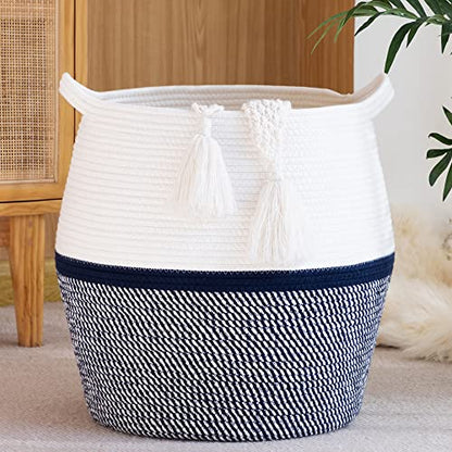 KAKAMAY Woven Baskets for Storage(17"x17"),Large Cotton Rope Basket Woven Baby Laundry Hamper,Collapsible Laundry Basket, Blanket Basket for Living Room,Nursery,Clothes, Toy chest(Navy Blue) - color: Navy Blue