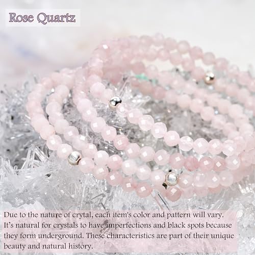 Beaded Bracelets for Women, Handmade Natural Stone Tiny 4mm Beads 925 Sterling Silver Dainty Stretch Bracelets, Chakra Crystal Gemstone Jewelry Gifts - color: Rose Quartz (Stone of Acceptance), size: Medium 7.3-7.5 inch