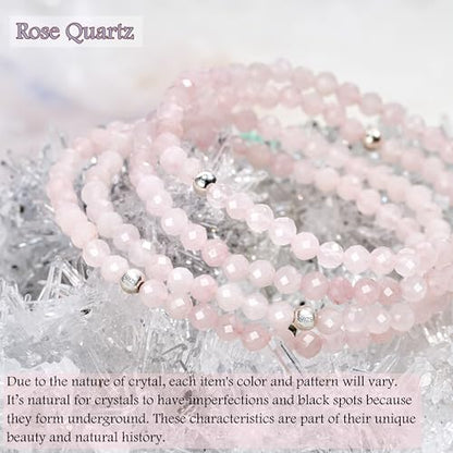 Beaded Bracelets for Women, Handmade Natural Stone Tiny 4mm Beads 925 Sterling Silver Dainty Stretch Bracelets, Chakra Crystal Gemstone Jewelry Gifts - color: Rose Quartz (Stone of Acceptance), size: Medium 7.3-7.5 inch