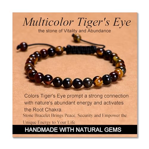 MASSIVE BEADS Handmade Yoga Natural Stone Crystal Healing Power Energy Gifts for Unisex Adult Bracelet Macrame Adjustable - color: 3-Tiger's Eye (Vitality and Abundance), size: 6mm