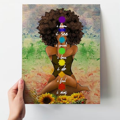 Chakra Wall Art African American Woman - 11x14 Spiritual Meditation Decor - Black Art Positive Affirmations Poster - Inspirational Yoga Room Print - Mindfulness Gifts for Women - UNFRAMED - size: 11"L x 14"W