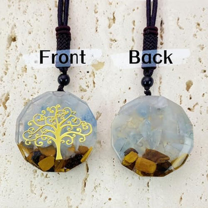 EDEN'S CALL Orgone Necklace, Tree of Life Orgonite Healing Crystal Stone Pendant Necklace for Spiritual Healing and Meditation Energy Talisman Sacred Geometry Tiger's Eye Necklaces - color: #1 Blue/Aquamarine + Tiger's Eye