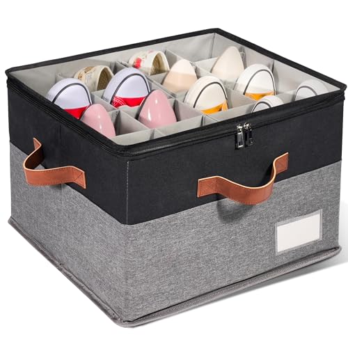 1 Pack Shoe Organizer for Closet, Adjustable Shoe Box Storage Containers, Large Foldable Shoe Bins with Clear Cover, Space Saving Shoes Holder with 4 Handles, Fits 8-16 Pairs, Black - color: Black and Grey, size: (1 Pack) 17"L x 17"W x 12 ½"H