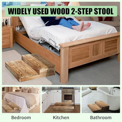 Wooden 2 Step Stool for High Beds, Moderate & Applicable 2-Step Stools for Seniors, Solid Wood steppingStool, Built-in Handle for Easy Carrying, 25.6" W - size: 25.6" W