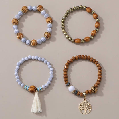 Bohemian Layered Wood Bead Bracelet Set, Elastic Stackable Bracelets with Tree of Life Charm & Tassel - color: White