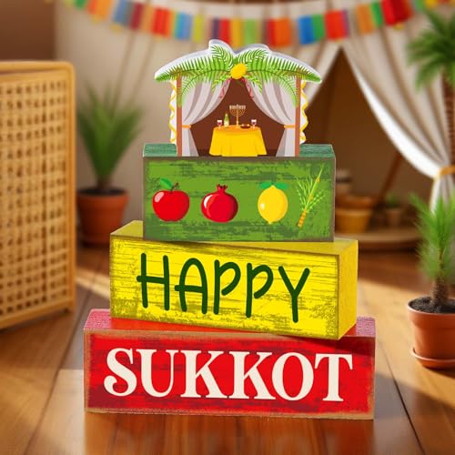 Yuntau 4 Pcs Happy Sukkot Table Decorations Sukkot Centerpieces for Tables Wooden Tabletop Party Decorations Rustic Block Sign for Tiered Tray Shelf Office Jewish Holiday Celebration Supplies - style: Happy Sukkot