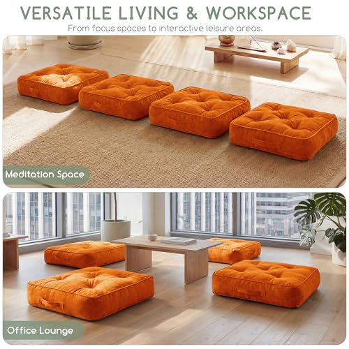HIGOGOGO Large Floor Pillow Cushion for Adults, Meditation Cushion Pillow with Handle, Lustrous Chenille Tufted, Square Floor Sitting for Tatami Living Room or Yoga, 22x22 Inch, Orange
