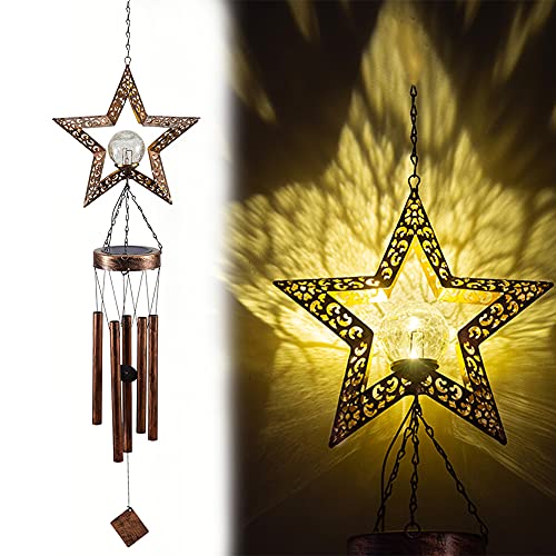 Solar Wind Chimes, Star Wind Chime Crackle Glass Ball Warm LED Light, Outside Hanging Outdoor Decor with Metal Tubes Unique Memorial Sympathy Gift for Wife Mom Grandma