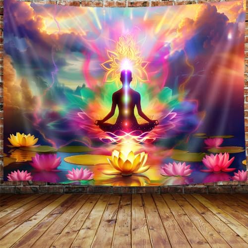 MERCHR Chakra Spiritual Tapestry, Yoga Room Pink Lotus Zen Hippie Tapestry Wall Hanging for Bedroom, Colorful Mandala Tapestries Poster Dorm Meditation Accessories Home Decor 60X40Inches - size: 60"L x 40"W