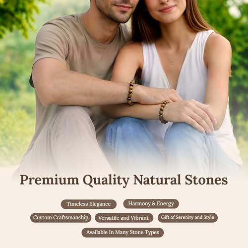 Elm City Direct 8mm Natural Stone Beaded Bracelet – Unisex Crystal Stretch Bracelets for Men & Women, Chakra & Healing Jewelry, Gift-Ready Beaded Bracelets - color: Tigers Eye