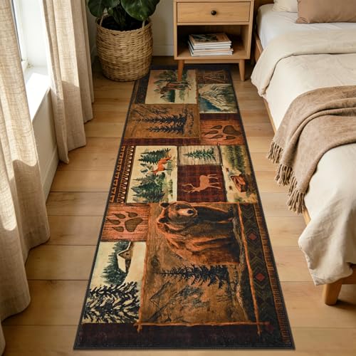 ASPMIZ 2x7 Rustic Runner Rug Non-Slip Washable — Buffalo Plaid Log Cabin Bear Deer Fox Design, Soft Faux Wool Hallway Carpet Runner for Entryway Kitchen, Brown - color: Brown, size: 2' X 7' (Runner)