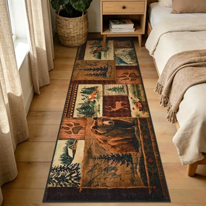ASPMIZ 2x7 Rustic Runner Rug Non-Slip Washable — Buffalo Plaid Log Cabin Bear Deer Fox Design, Soft Faux Wool Hallway Carpet Runner for Entryway Kitchen, Brown - color: Brown, size: 2' X 7' (Runner)