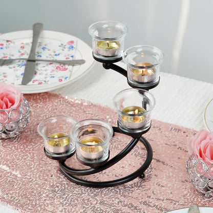 1PC Clear Chunky 5 Cups Metal Tea Light Candle Holders for Table Centerpiece, Glass Votive Tealight Holders/Candelabra Candlestick Holders for Wedding,Party, Anniversary,Christmas(Black) - color: Black