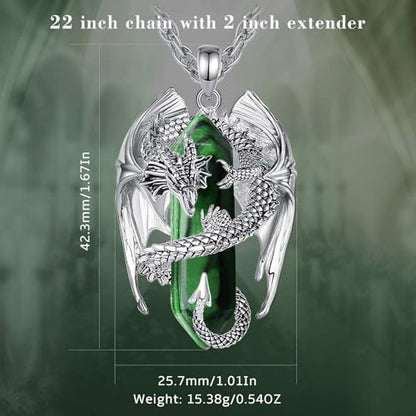 INFUSEU Unique Dragon Necklaces with Healing Crystal Stone for Men Women, Personalized Spiritual Gifts, 24 Inch Chain - color: Green Malachite