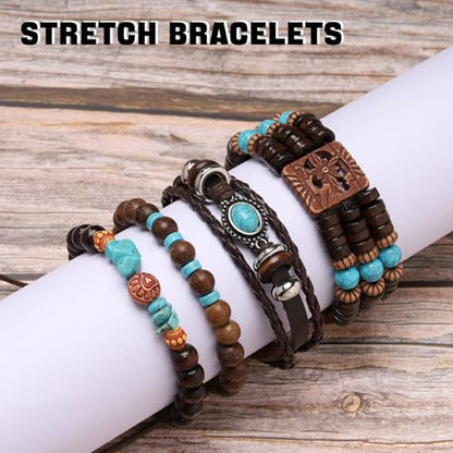 MILAKOO Mens Beaded Bracelets Tribal Wooden Elastic Adjustable Prayer Beads Wrap Cuff for Women - color: H: 4pcs