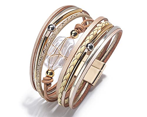 Fesciory Leopard Bracelet for Women, Boho Leather Wrap Multi-Layer Pearl Crystal Bracelet Bangle Jewelry - style: Gold Leather(Pearl)