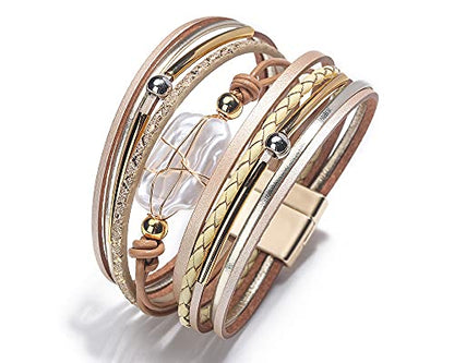 Fesciory Leopard Bracelet for Women, Boho Leather Wrap Multi-Layer Pearl Crystal Bracelet Bangle Jewelry - style: Gold Leather(Pearl)