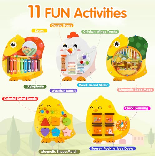 Chick Squad Activity Wall Busy Board Panels | 11-in-1 Wooden Sensory Wall Panel for Kids, Montessori Learning Activity Center | Perfect for Toddler Playroom Daycare Nursery Classroom Dentist Office - style: Chick Squad