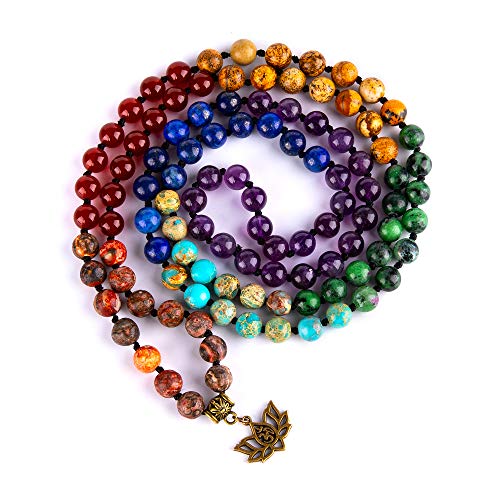 Bivei 7 Chakra 108 Mala Beads Bracelet Real Gemstone Yoga Meditation Hand Knotted Mala Prayer Bead Necklace - size: 8mm, style: # Lotus OM - 7 Chakras