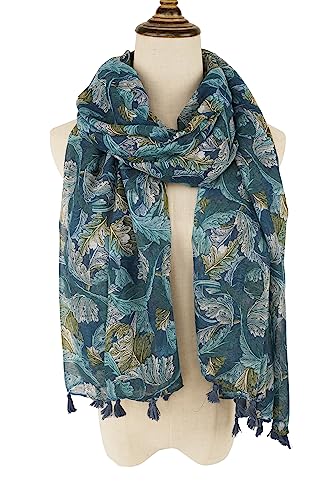 YOUR SMILE Large Boho Scarf for Women Lightweight Floral Printed Scarves Fall Winter Fashion Fringed Shawl wraps - color: 01 Teal Leaves