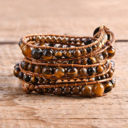 YGLINE Natural Stone Wrap Bracelet for Women Boho Bracelets Healing Crystal Beaded Bracelet Adjustable 3/5 Wraps Bracelet Handmade Birthday Gifts for Women - color: tiger eye-5w