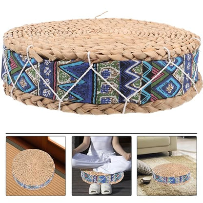 ABOOFAN Meditation Floor Cushion Straw Woven Round Seat Pad 30cm Diameter X 7cm Height Blue Husk Cushion for Yoga, Tatami, Balcony, Indoor Sitting
