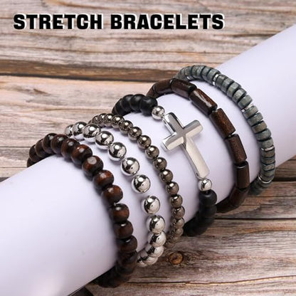 MILAKOO Mens Beaded Bracelets Tribal Wooden Elastic Adjustable Prayer Beads Wrap Cuff for Women - color: M: 6pcs