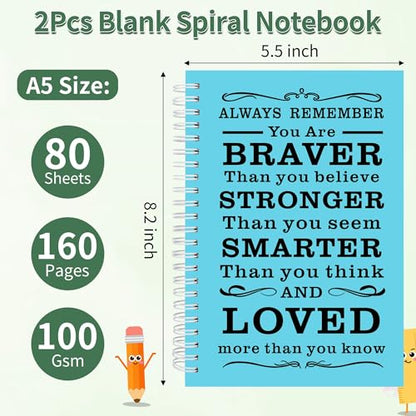 JOHSBYD 2Pcs Blank Spiral Notebook,Inspirational Gifts A5 Hardcover Sketch Book,Art Sketchbook for Drawing, Unlined, Plain Sketch Book for Women Men Work Writing,160 Pages (2, Blank Page Light Blue)