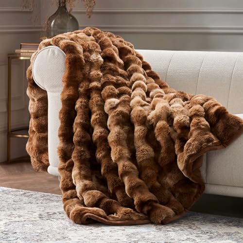 EverGrace Ultra Soft Luxury Fluffy Faux Rabbit Fur Throw Blanket, Thick Warm Bubble Throw for Bed, Cozy Plush Reversible Blankets for Couch, Chair, Sofa, Lion Caramel, 60x80 Inches - color: Marble Caramel Brown, size: 60"x80"