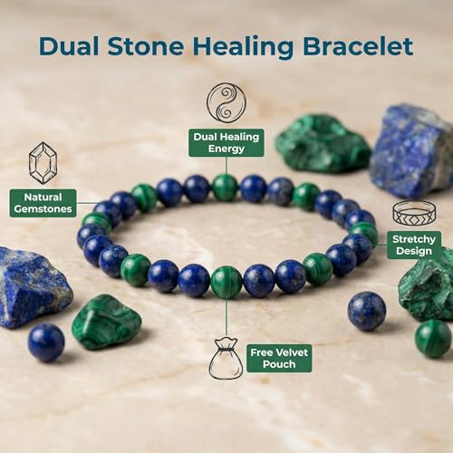 Lapis Lazuli Healing Bracelet – Real Crystal Beads for Stress Relief, Meditation & Chakra Balance – Natural Gemstone Jewelry Gift for Women & Men, Adjustable Stretch Fit - style: 6mm Lapis & Malachite （no gift box）