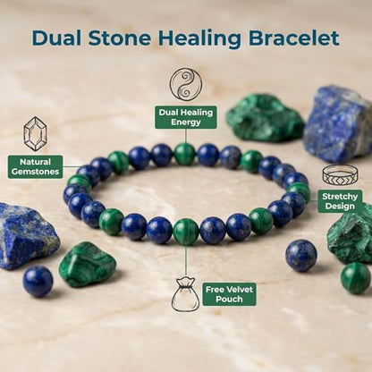 Lapis Lazuli Healing Bracelet – Real Crystal Beads for Stress Relief, Meditation & Chakra Balance – Natural Gemstone Jewelry Gift for Women & Men, Adjustable Stretch Fit - style: 6mm Lapis & Malachite （no gift box）
